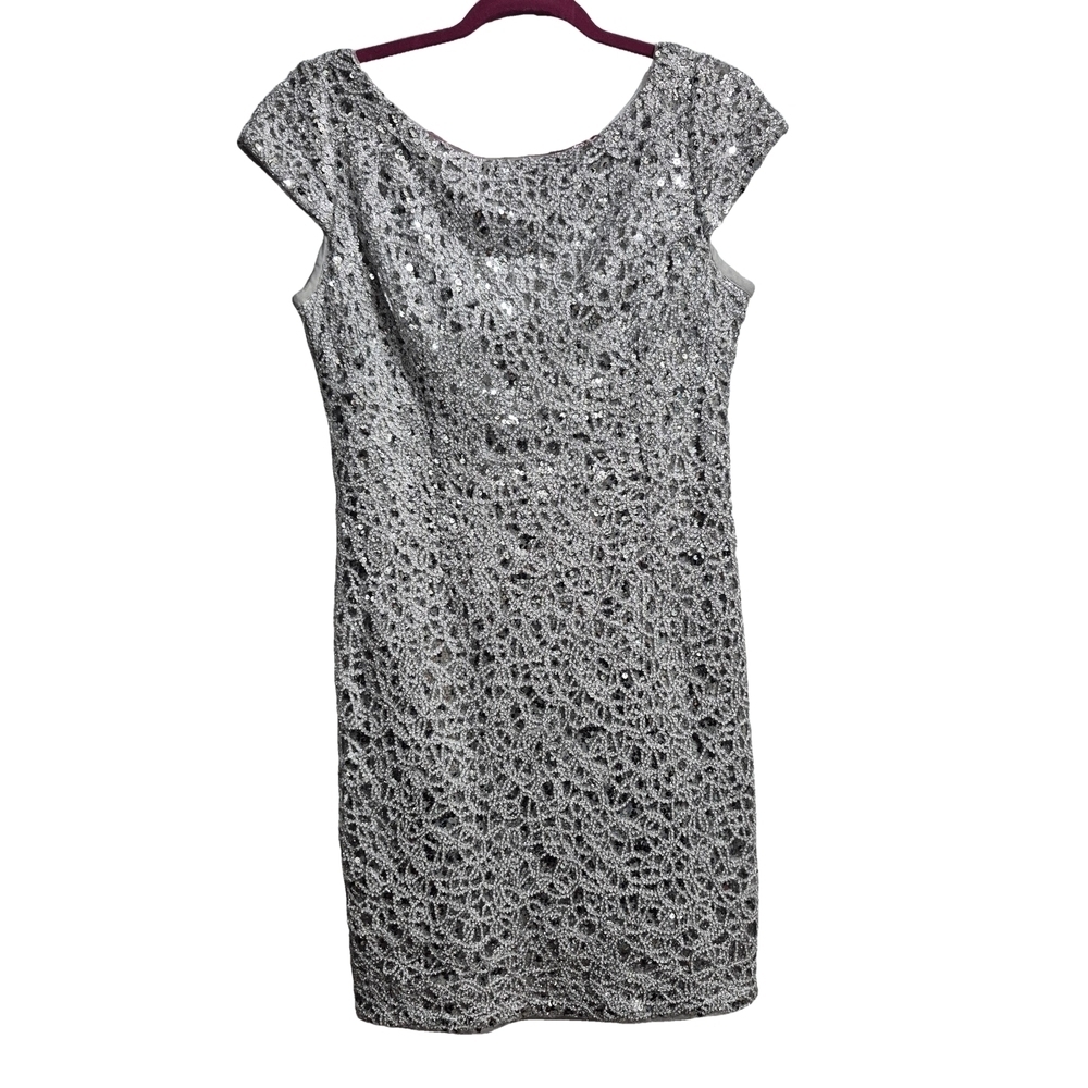 Adrianna Papell Silver Sheath Mini Dress with Scoop Neck